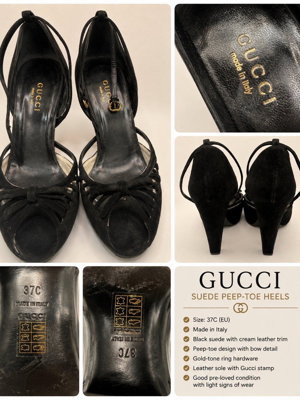 GUCCI Black Suede Peep-Toe Heels with Bow Accent